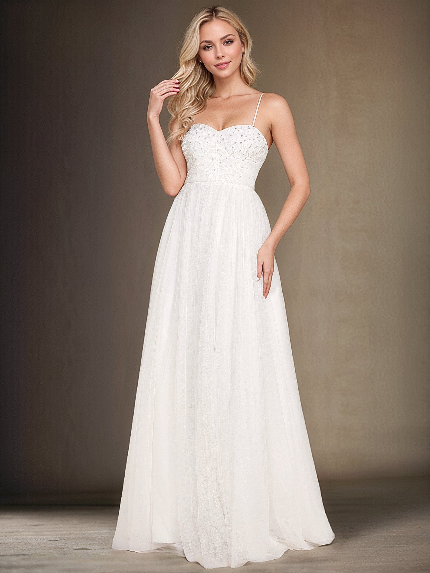 Pearl-Adorned Strapless Tulle Floor-Length Wedding Dress #Color_White