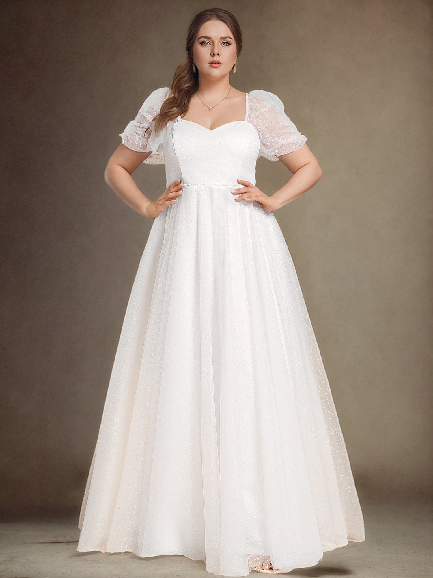 Plus Size Short-Sleeved A-Line Wedding Dress with Sweetheart