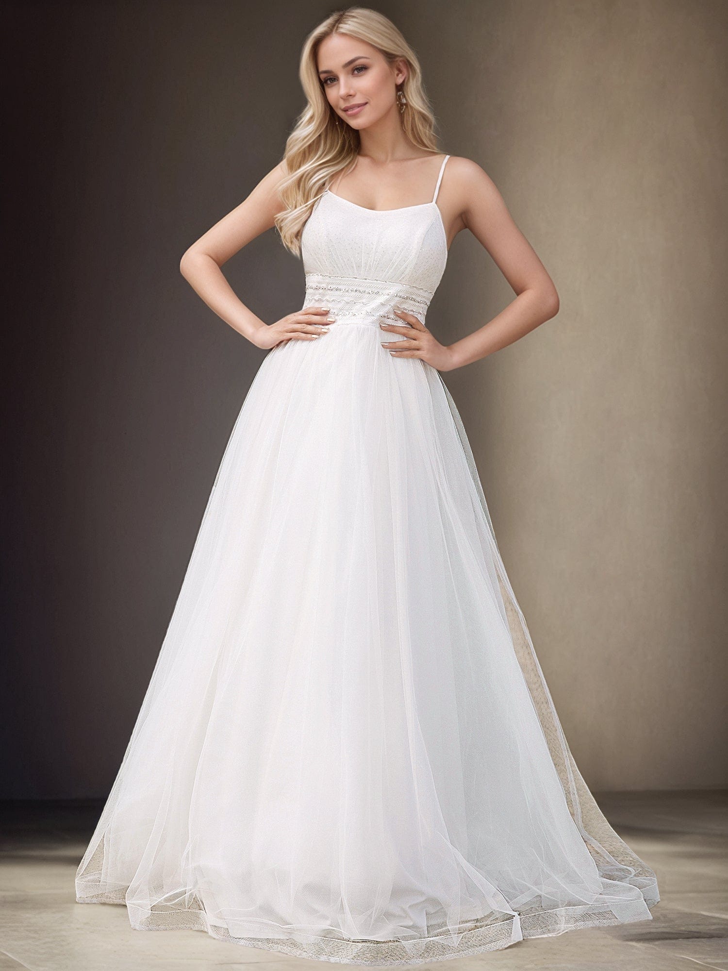 Classic Adjustable Spaghetti Strap Tulle Wedding Dress with Waist Paillette Chain #color_White