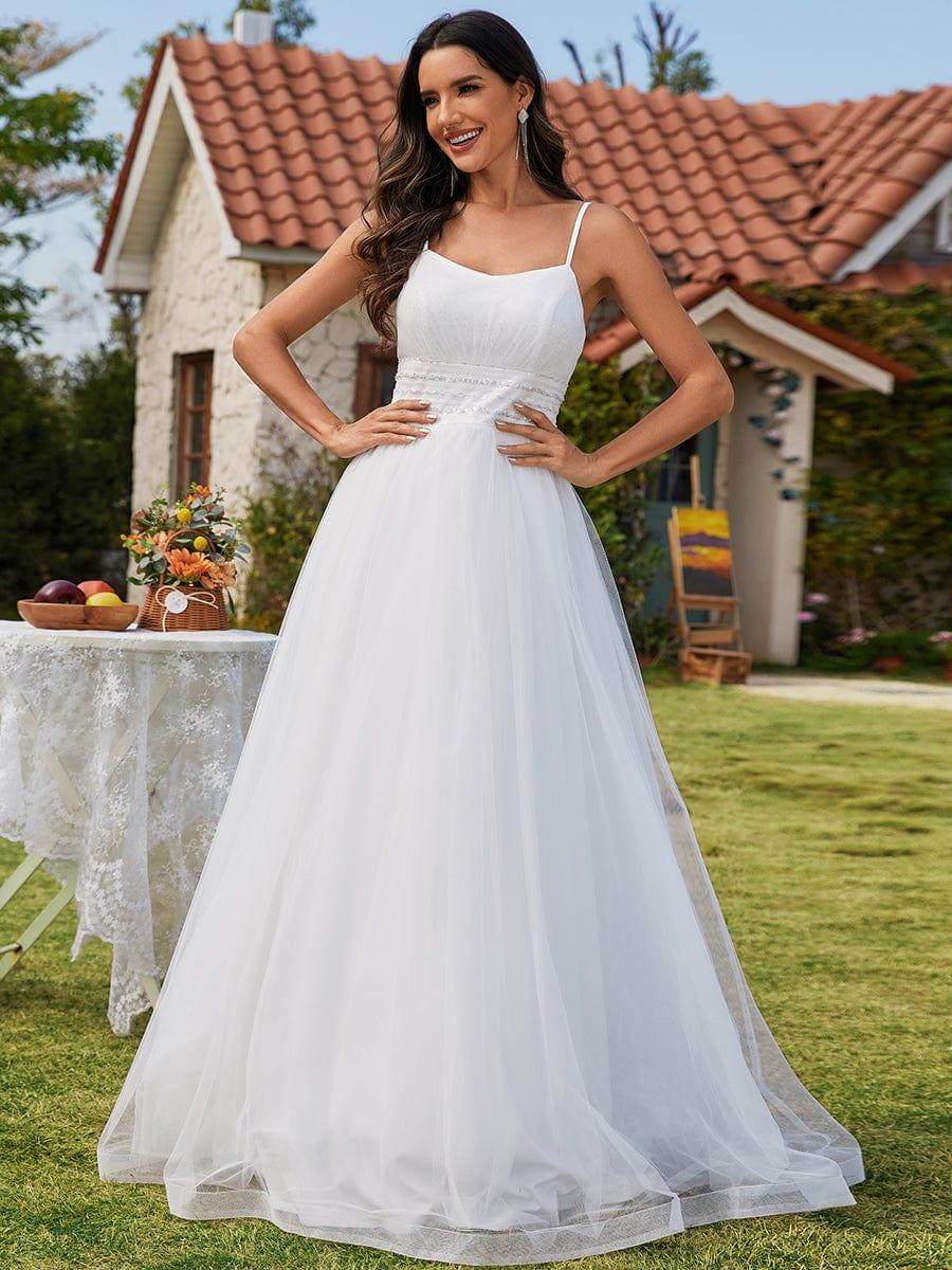 Classic Adjustable Spaghetti Strap Tulle Wedding Dress with Waist Paillette Chain #color_White