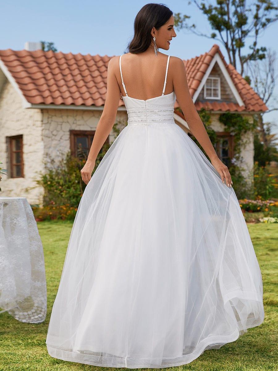 Classic Adjustable Spaghetti Strap Tulle Wedding Dress with Waist Paillette Chain #color_White