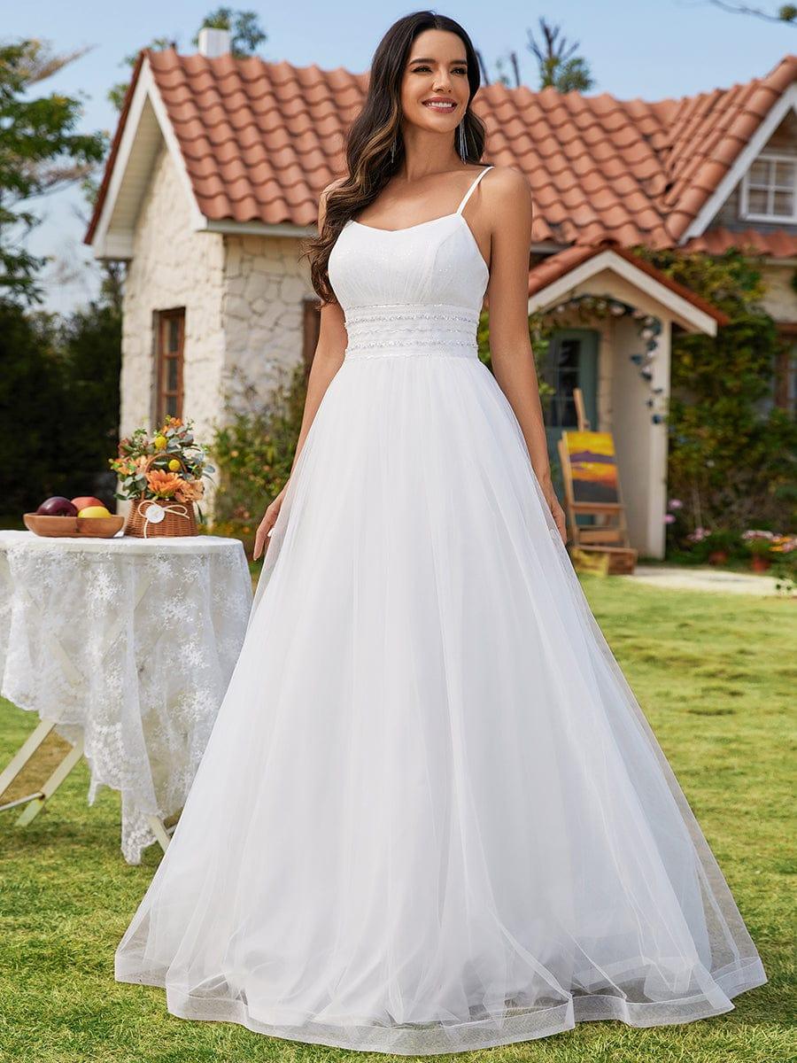 Classic Adjustable Spaghetti Strap Tulle Wedding Dress with Waist Paillette Chain #color_White