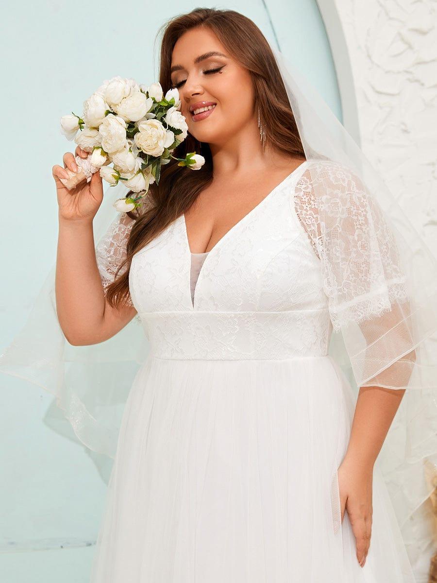 V-Neck Lace Tulle Wedding Dresses with Ruffled Sleeves #color_White