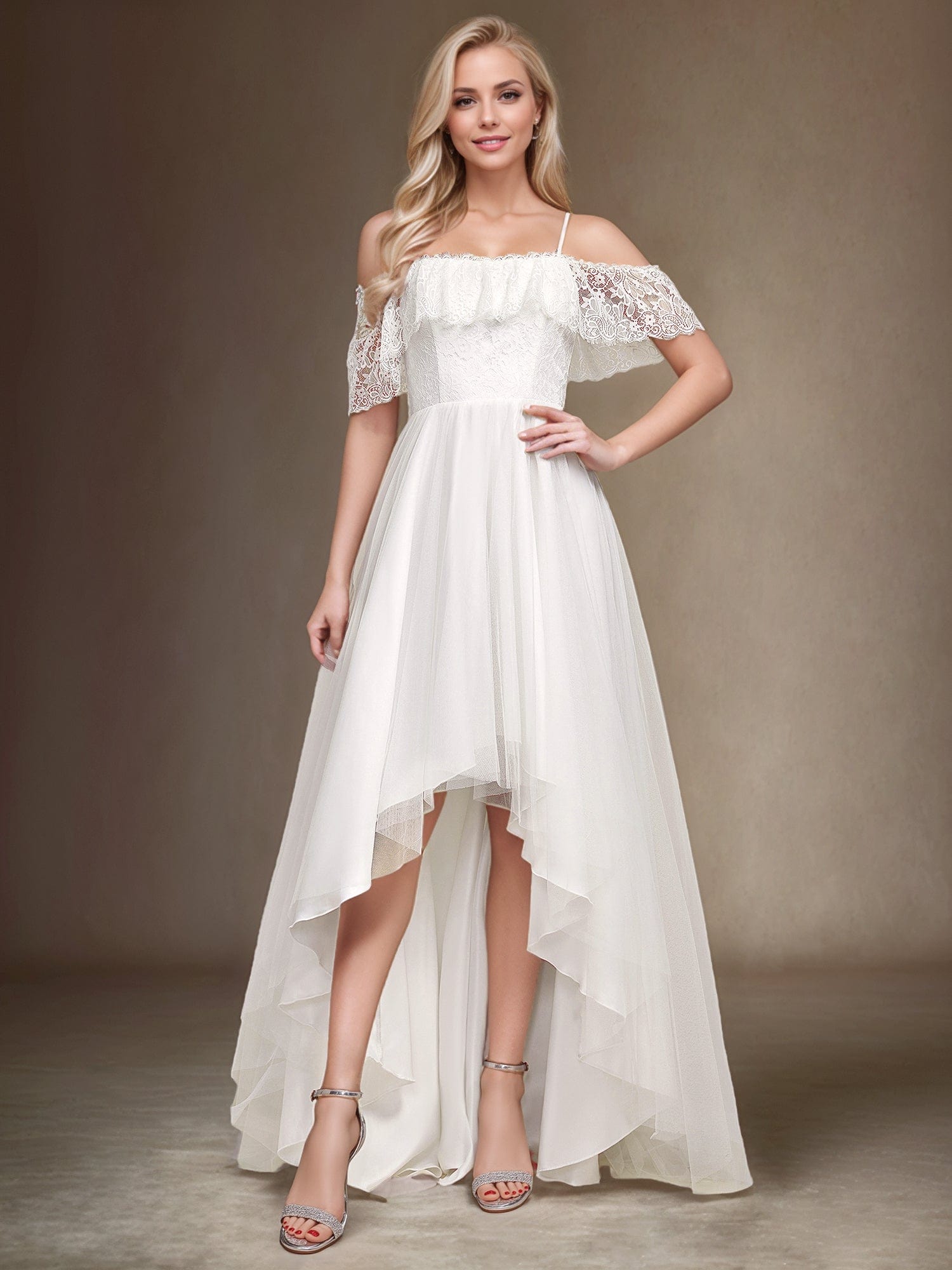 Maxi Long Spaghetti Straps High Low Lace Wedding Dress