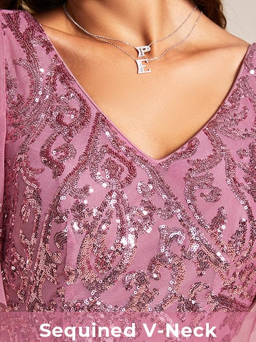 pretty HAZEL|Plus Size V-Neck Short Sleeve Sequin Bodice Mother of the Bride Dress More Details 1