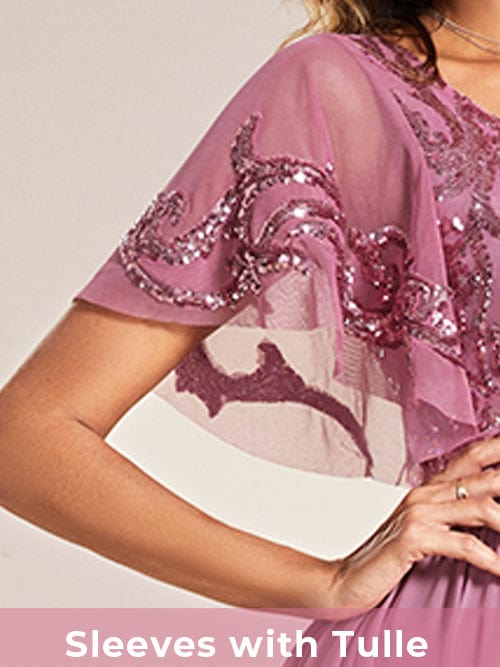 pretty HAZEL|Plus Size V-Neck Short Sleeve Sequin Bodice Mother of the Bride Dress More Details 4