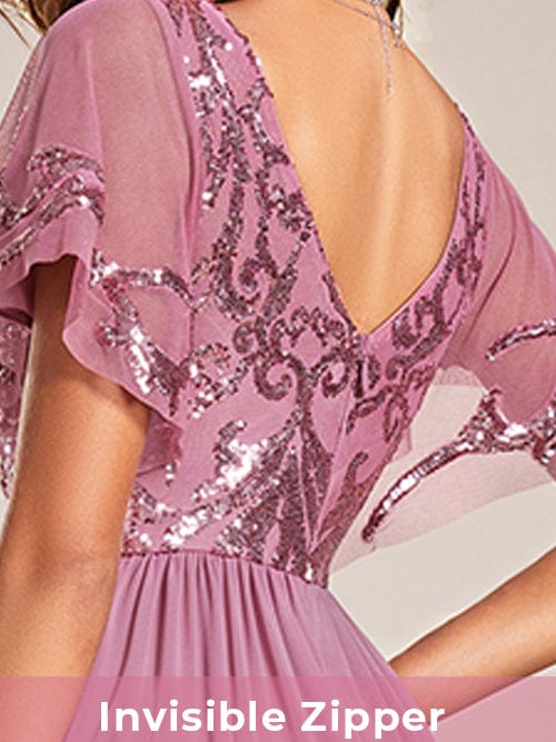 pretty HAZEL|Plus Size V-Neck Short Sleeve Sequin Bodice Mother of the Bride Dress More Details 2