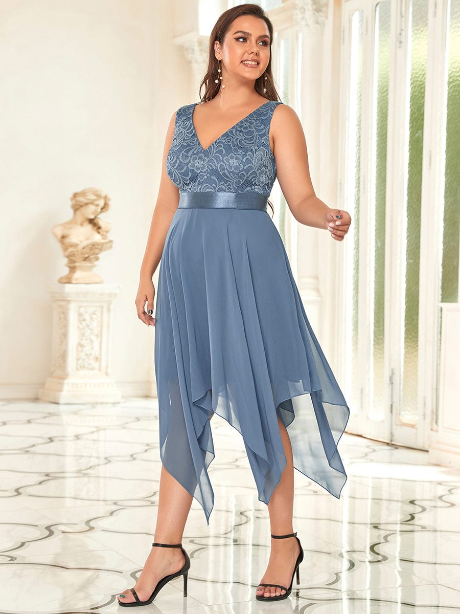 Stunning V Neck Lace Chiffon Bridesmaid Dress #color_Dusty Blue
