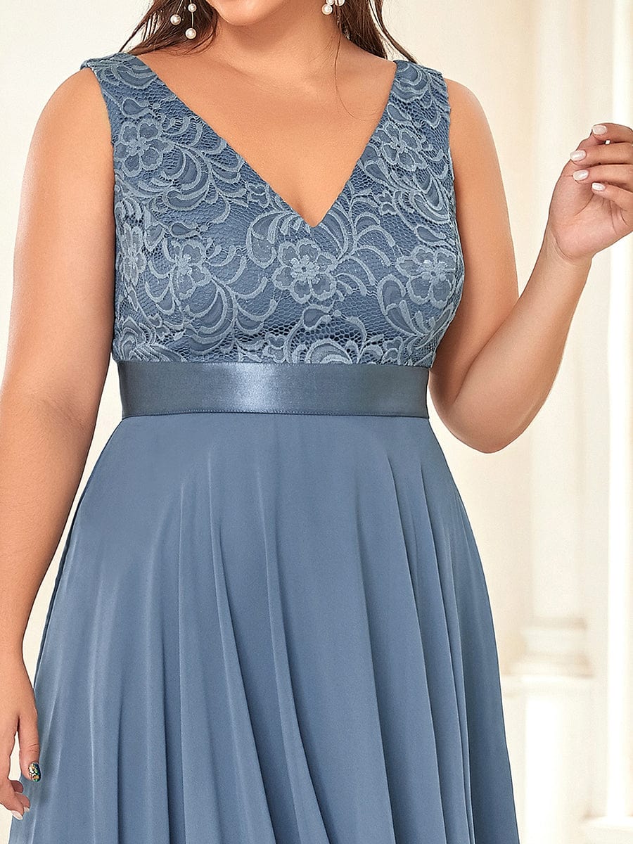 Stunning V Neck Lace Chiffon Bridesmaid Dress #color_Dusty Blue