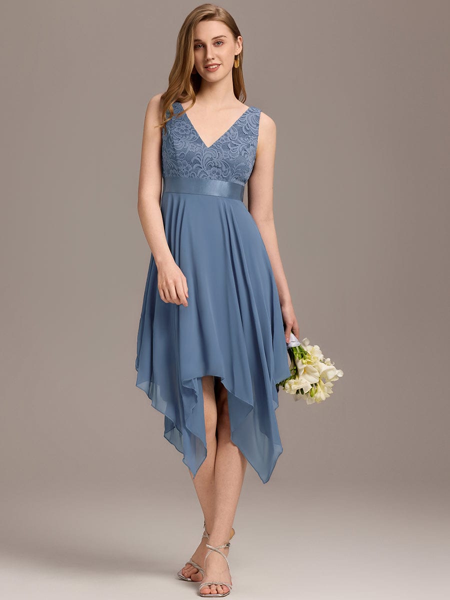 Stunning V Neck Lace Chiffon Bridesmaid Dress #color_Dusty Blue