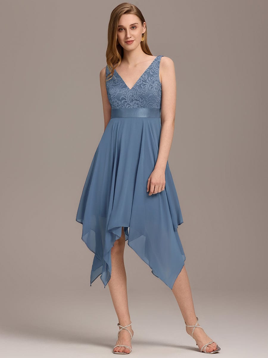 Stunning V Neck Lace Chiffon Bridesmaid Dress #color_Dusty Blue