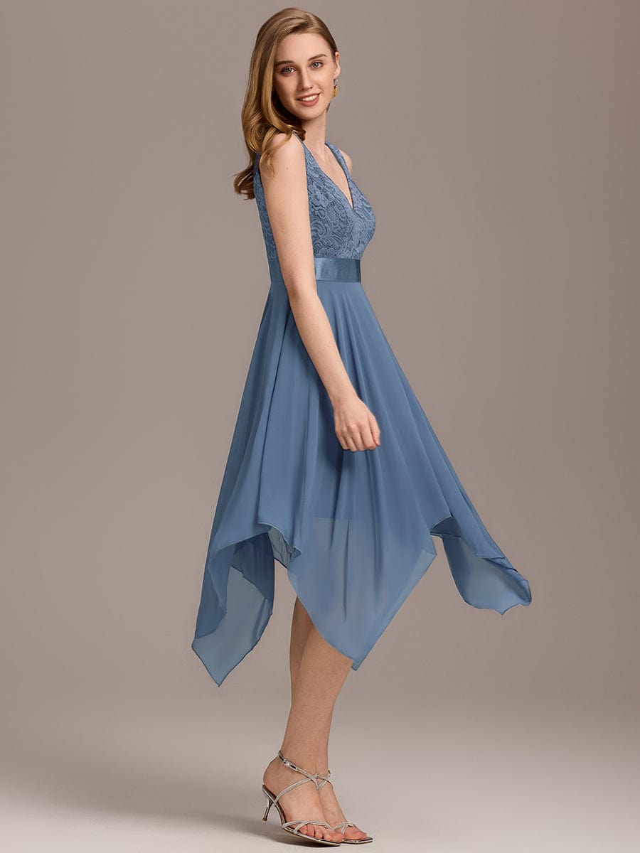 Stunning V Neck Lace Chiffon Bridesmaid Dress #color_Dusty Blue