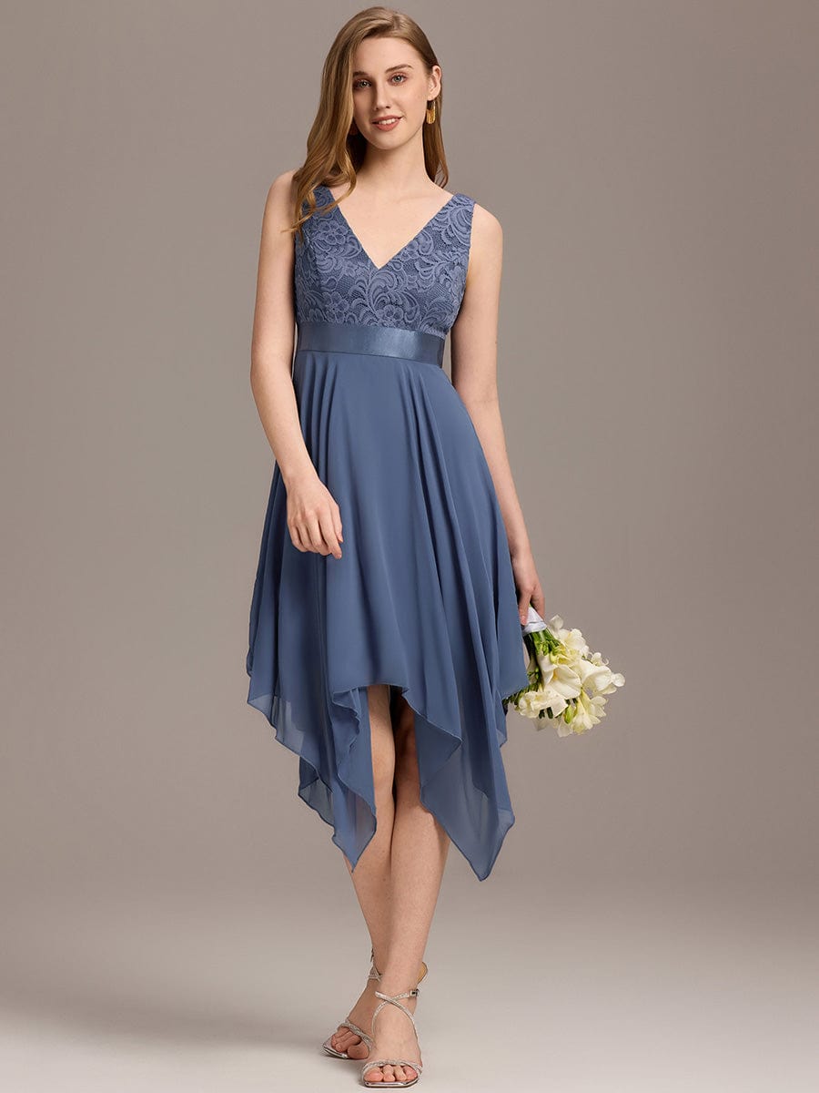 Stunning V Neck Lace Chiffon Bridesmaid Dress #color_Stormy