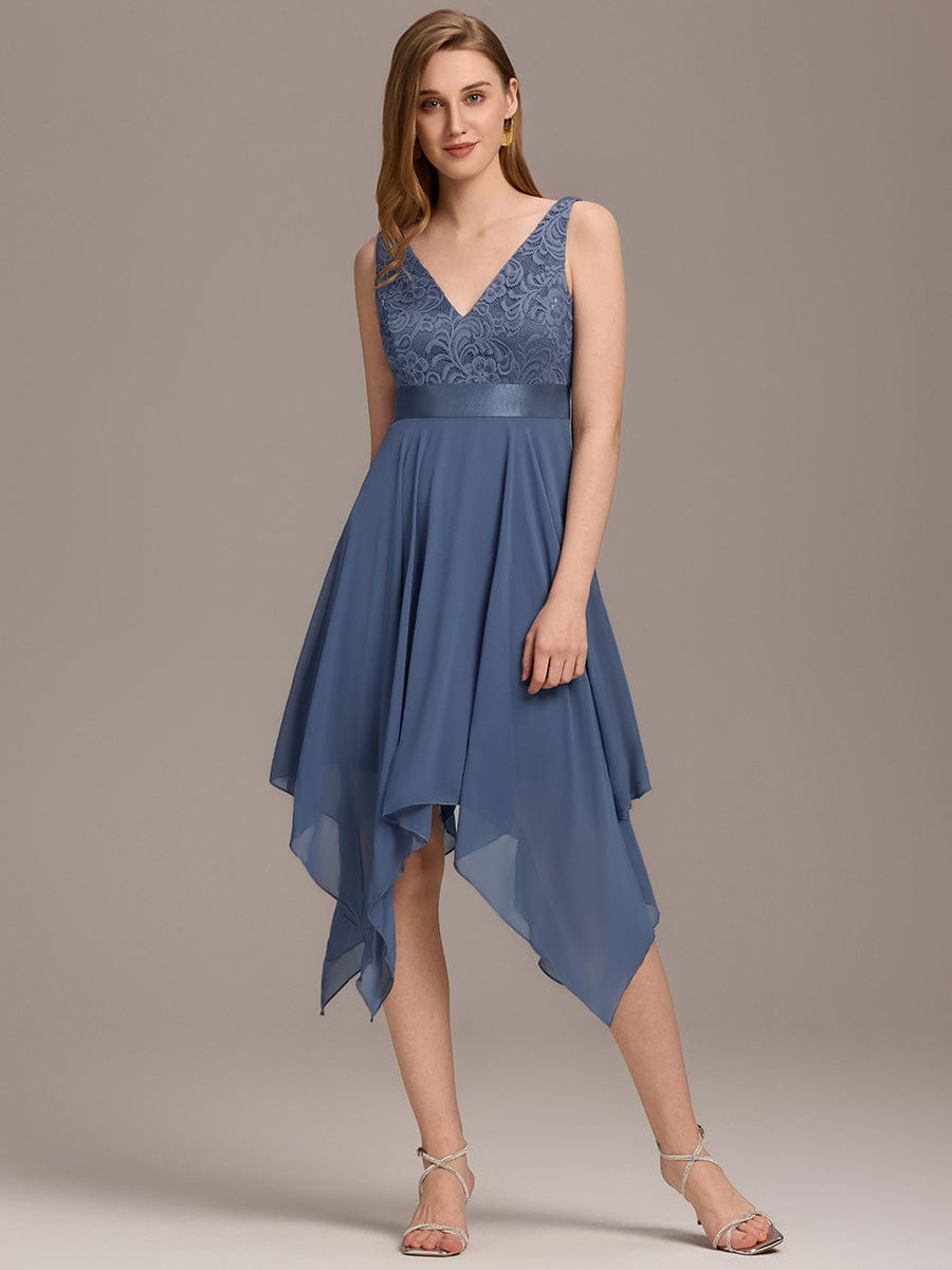 Stunning V Neck Lace Chiffon Bridesmaid Dress #color_Stormy