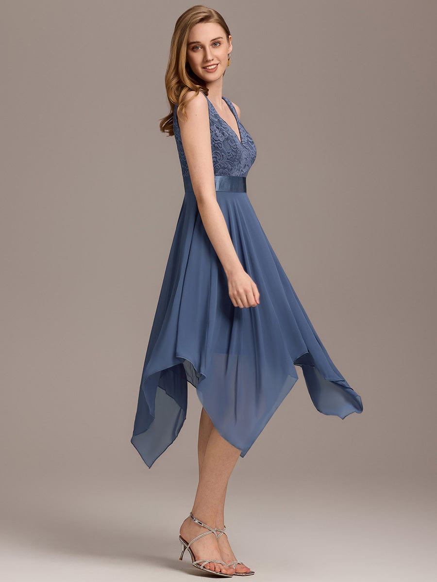 Stunning V Neck Lace Chiffon Bridesmaid Dress #color_Stormy