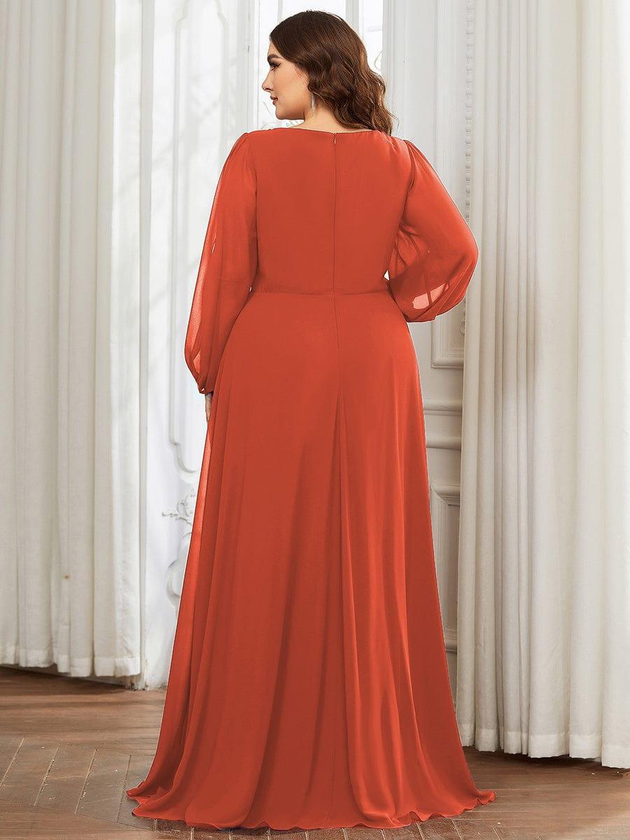 Lantern Long Slit Sleeve Deep V Applique Maxi Evening Dress #color_Burnt Orange
