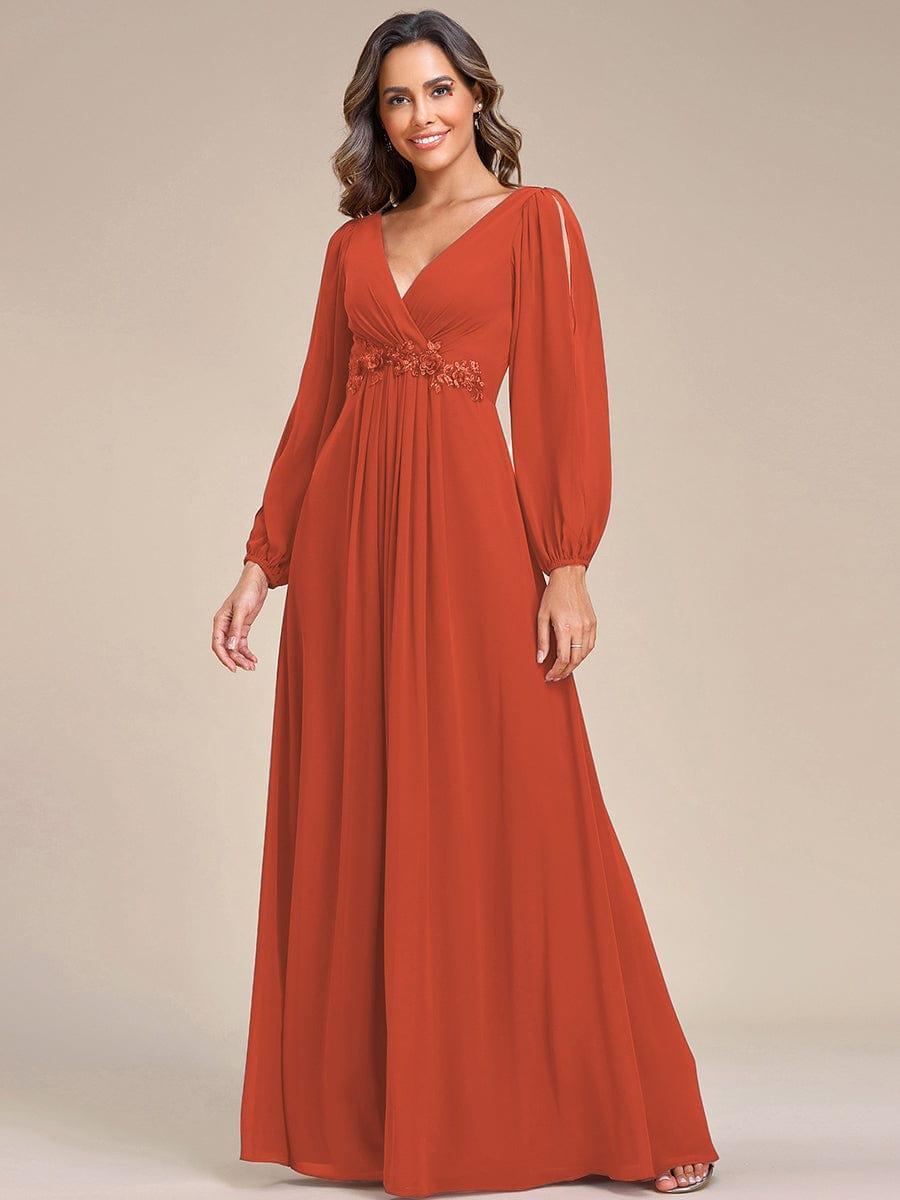 Lantern Long Slit Sleeve Deep V Applique Maxi Evening Dress #color_Burnt Orange