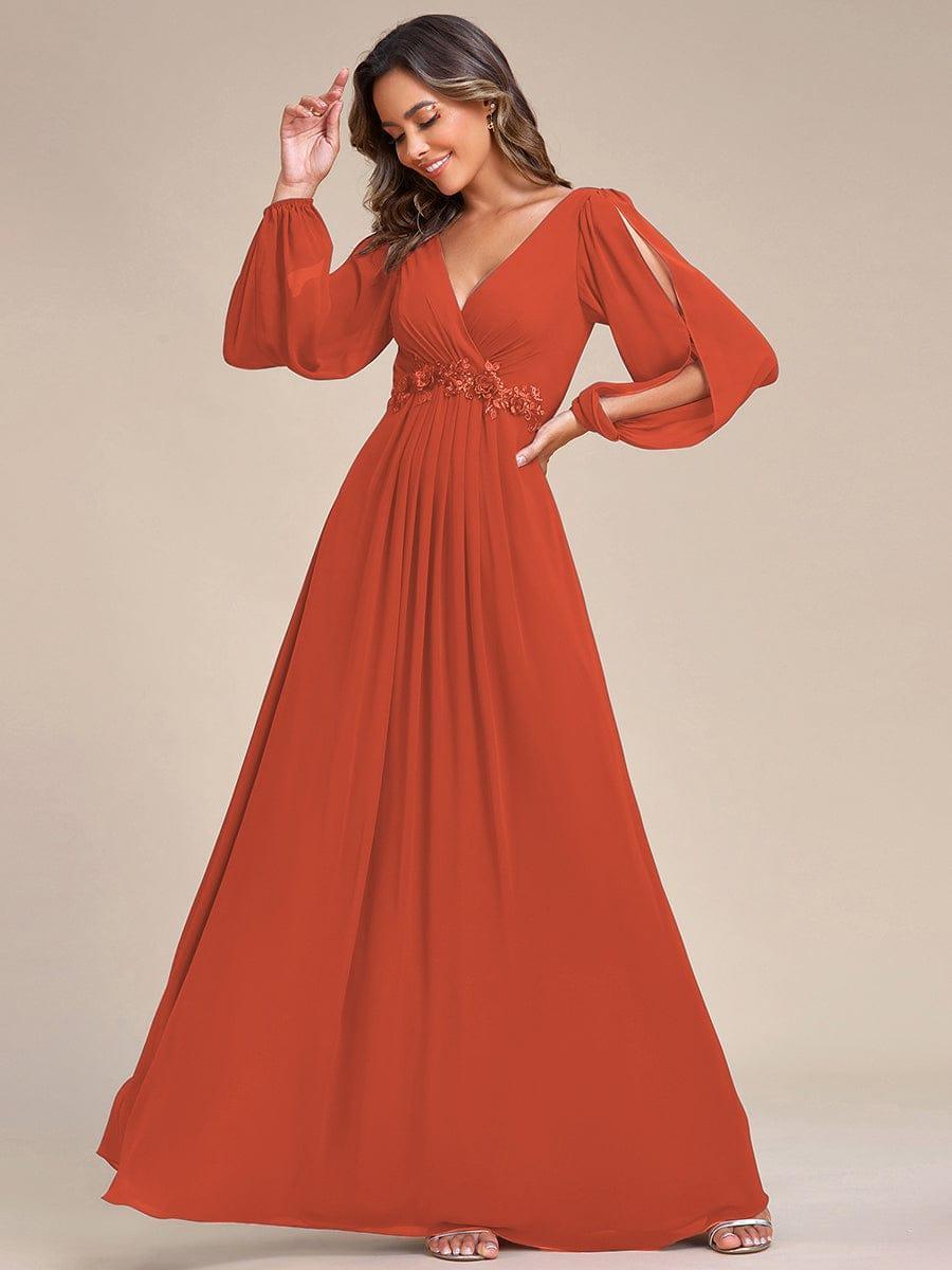 Lantern Long Slit Sleeve Deep V Applique Maxi Evening Dress #color_Burnt Orange
