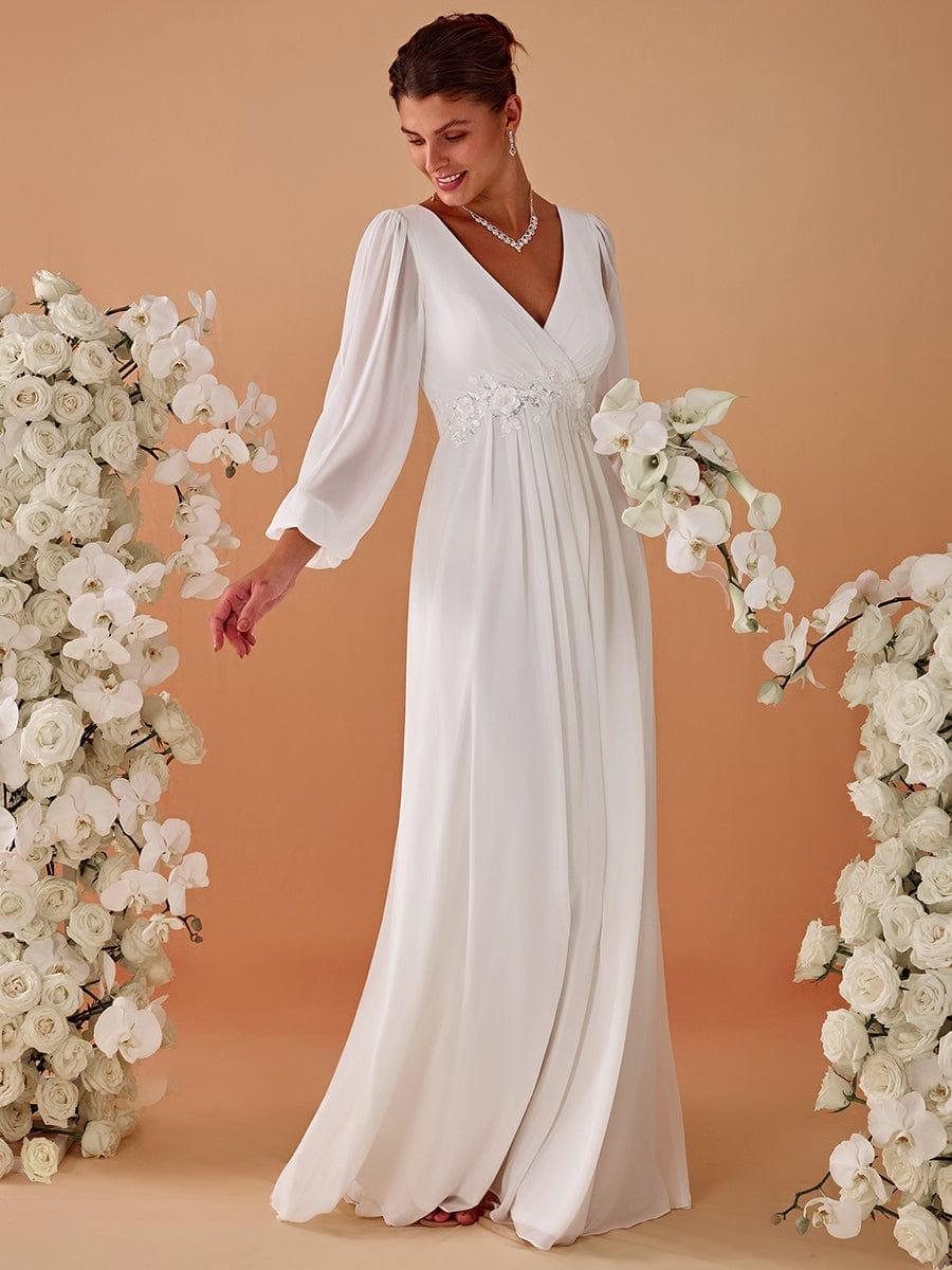 Lantern Long Slit Sleeve Deep V Applique Maxi Evening Dress #color_Cream