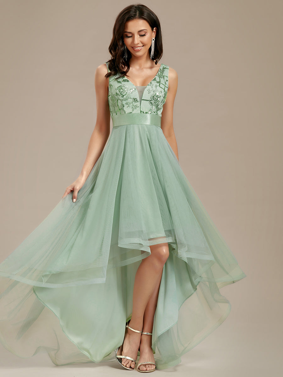 Elegant High-Low Deep V Neck Tulle Evening Dresses with Sequins #color_Mint Green