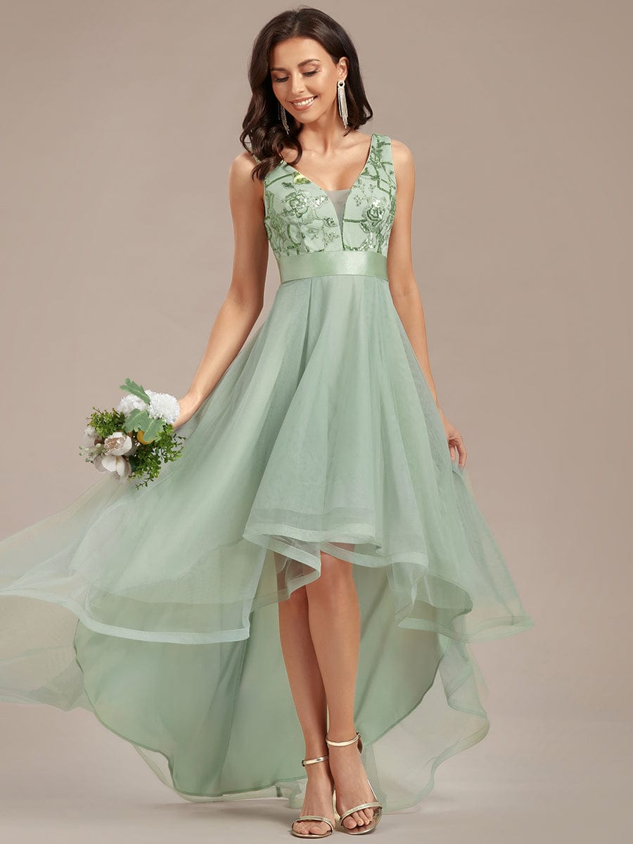 Elegant High-Low Deep V Neck Tulle Evening Dresses with Sequins #color_Mint Green