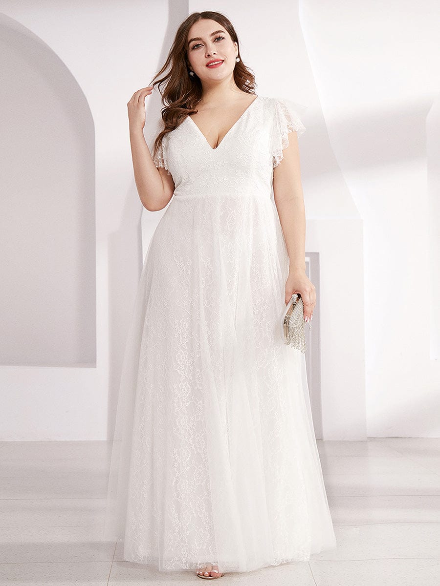 Maxi Long Plus Size Lace Evening Dresses with Ruffle Sleeves #color_White