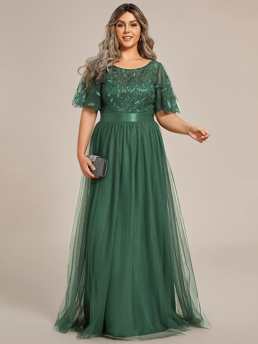 Women's A-Line Short Sleeve Embroidery Floor Length Wedding Guest Dresses #color_Eucalyptus Green