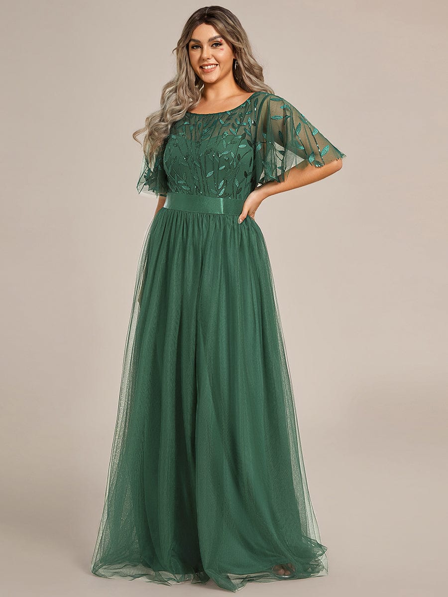 Women's A-Line Short Sleeve Embroidery Floor Length Wedding Guest Dresses #color_Eucalyptus Green