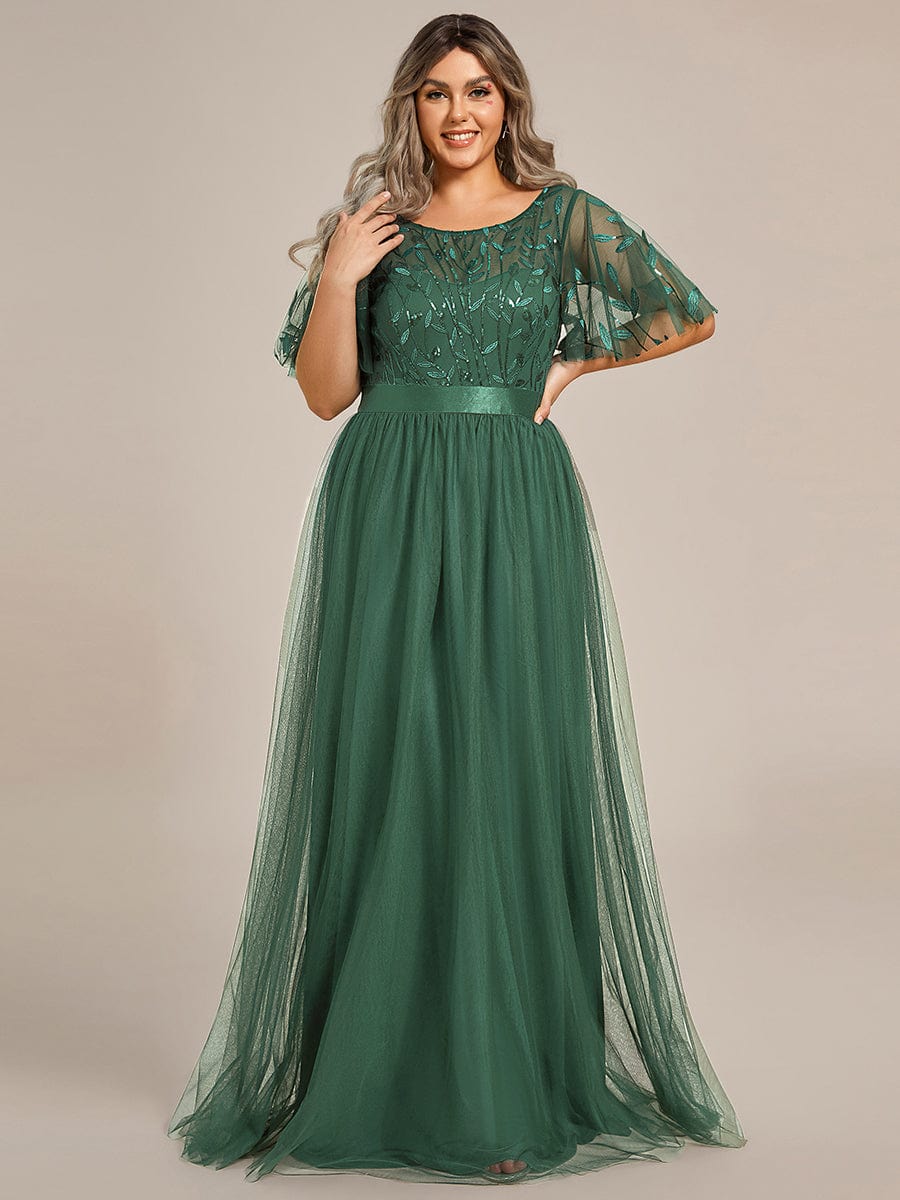 Women's A-Line Short Sleeve Embroidery Floor Length Wedding Guest Dresses #color_Eucalyptus Green