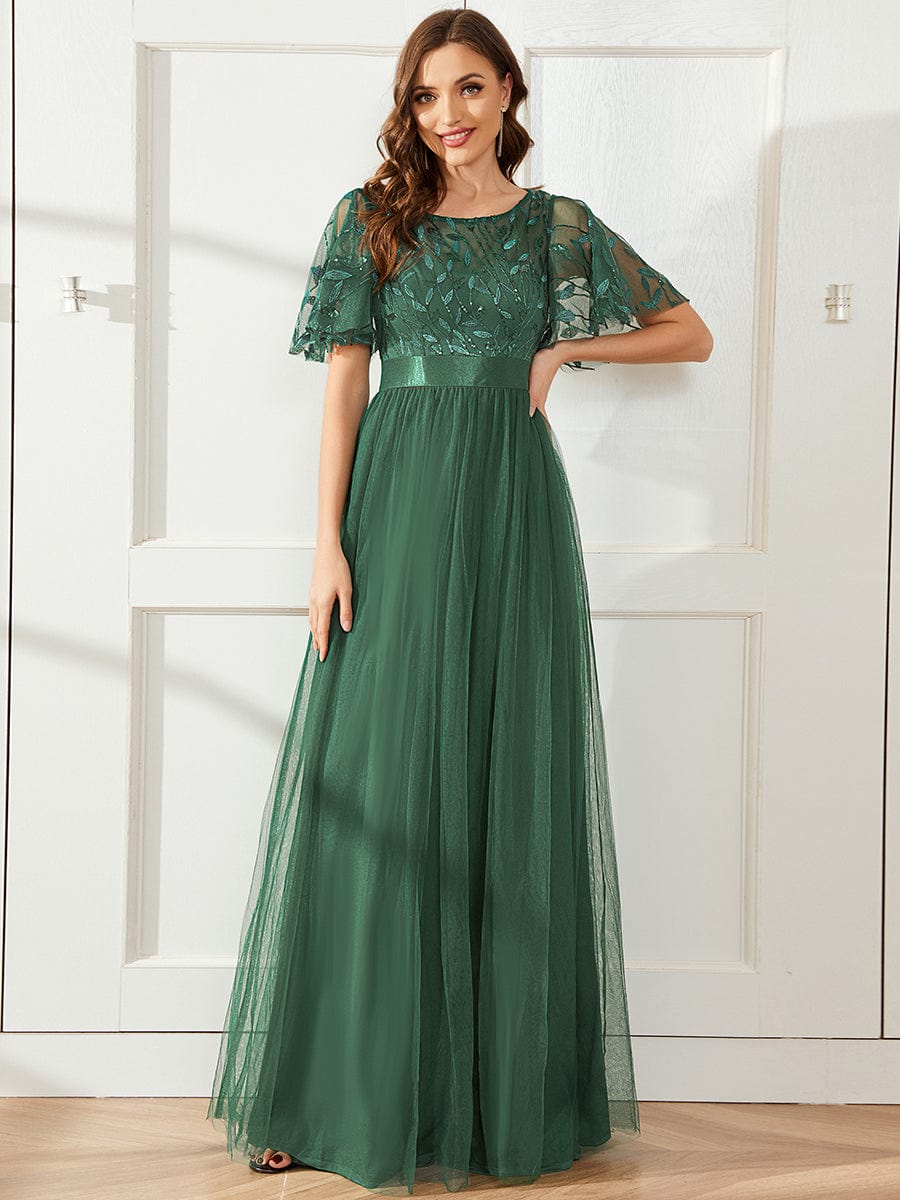 Women's A-Line Short Sleeve Embroidery Floor Length Wedding Guest Dresses #color_Eucalyptus Green