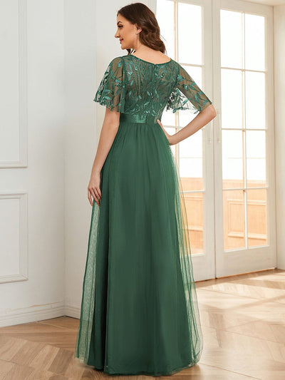 Women's A-Line Short Sleeve Embroidery Floor Length Wedding Guest Dresses #color_Eucalyptus Green