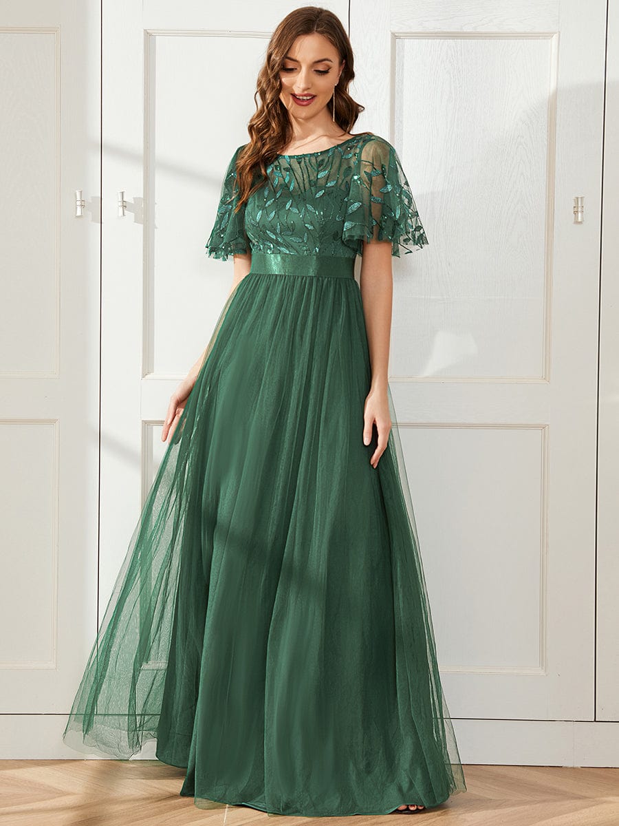 Women's A-Line Short Sleeve Embroidery Floor Length Wedding Guest Dresses #color_Eucalyptus Green