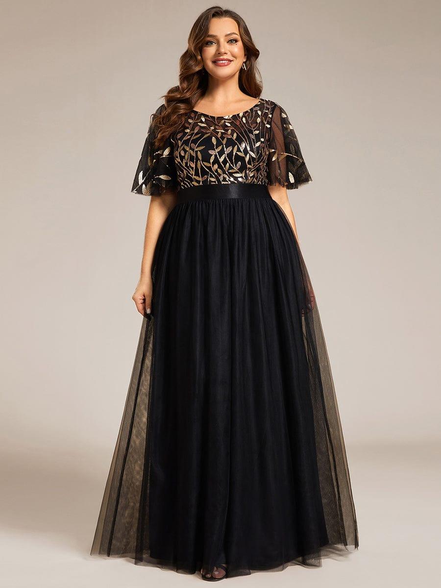 Women's A-Line Short Sleeve Embroidery Floor Length Evening Dresses #color_Black & Gold