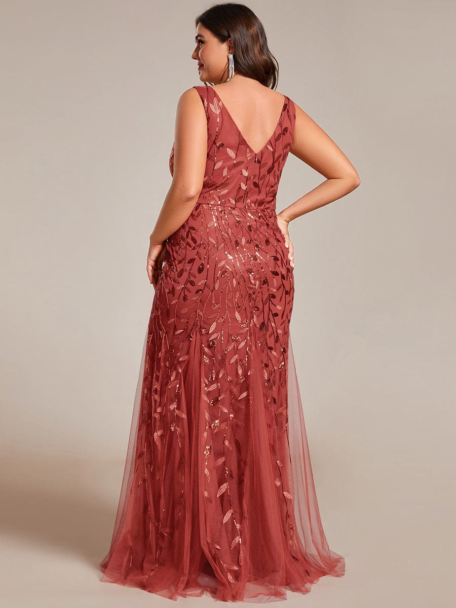 Plus Size Women's V-Neck Fishtail Seuqin Evening Dress #color_Burnt Orange