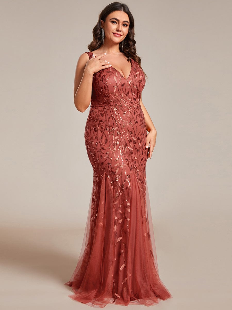 Plus Size Women's V-Neck Fishtail Seuqin Evening Dress #color_Burnt Orange