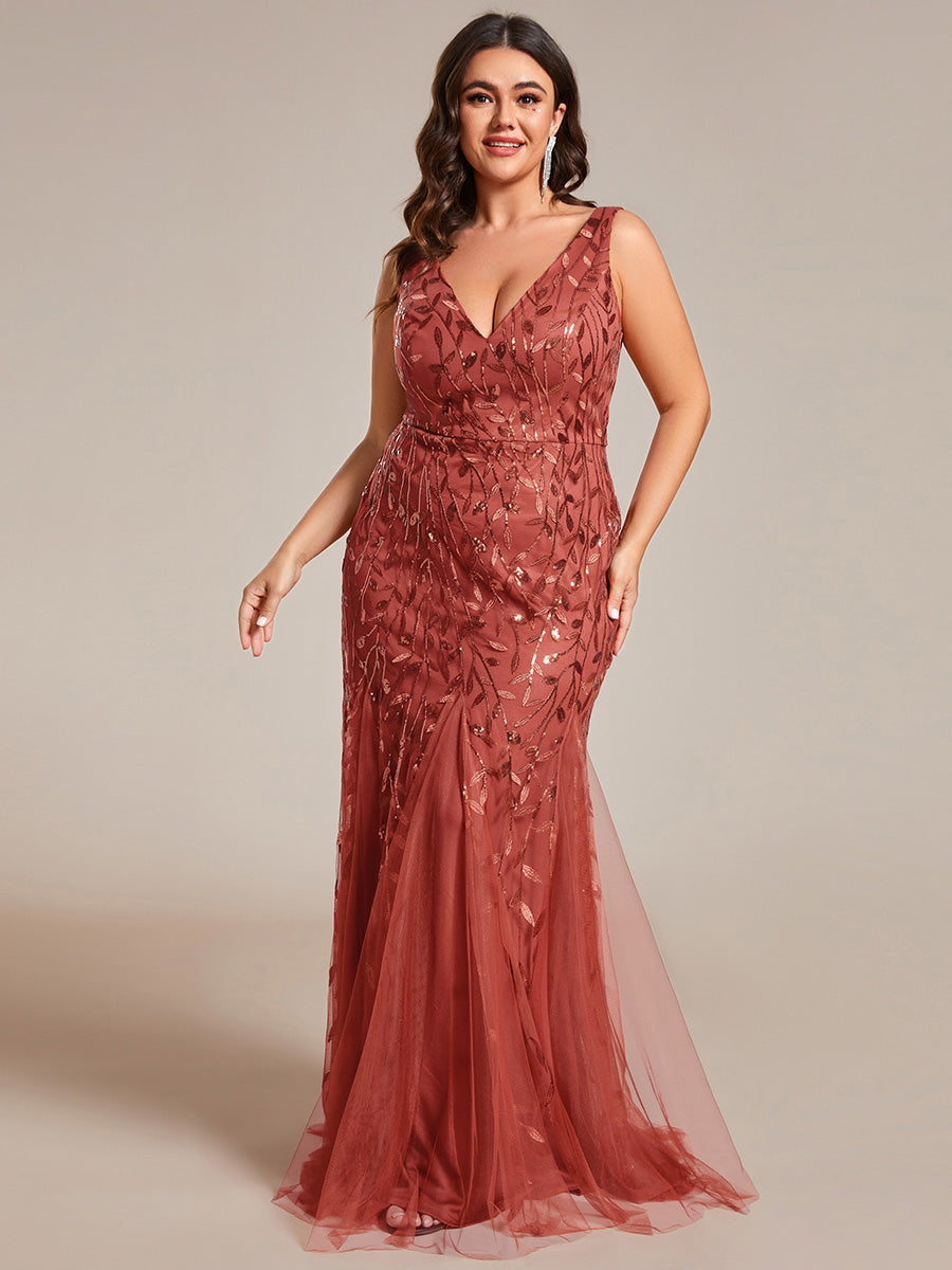 Plus Size Women's V-Neck Fishtail Seuqin Evening Dress #color_Burnt Orange