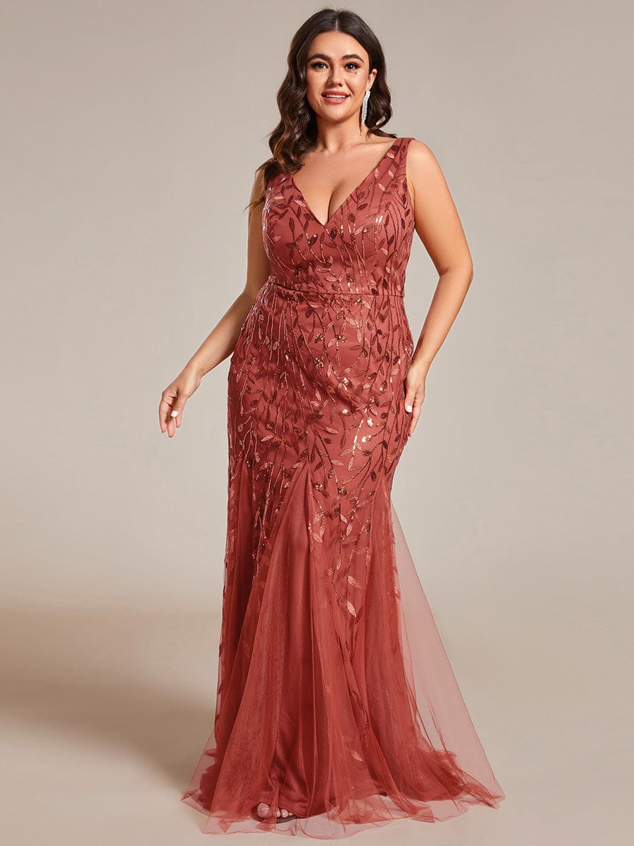 Women's Double V-Neck Fishtail Seuqin Wedding Guest Dress #color_Burnt Orange