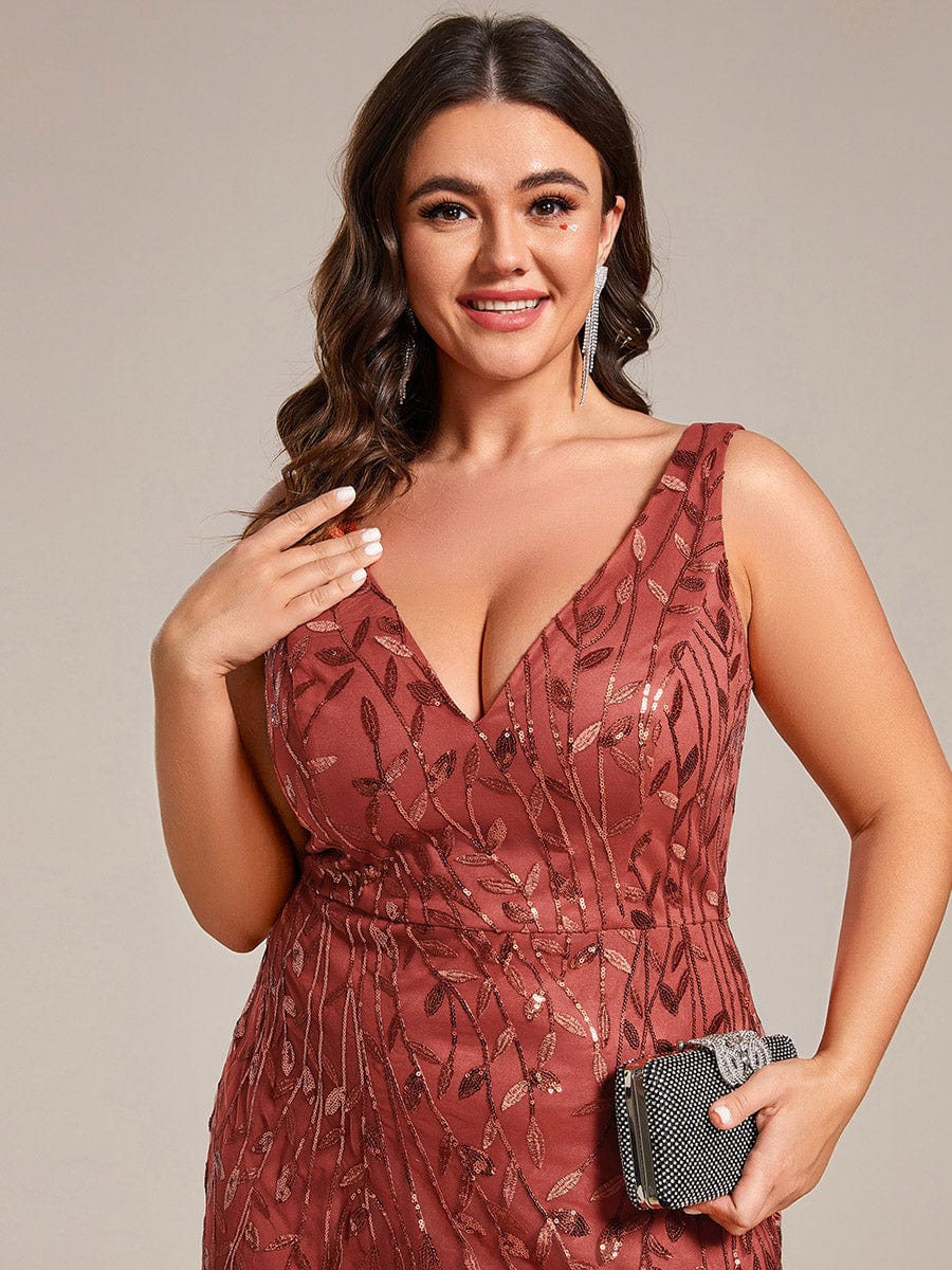Plus Size Women's V-Neck Fishtail Seuqin Evening Dress #color_Burnt Orange