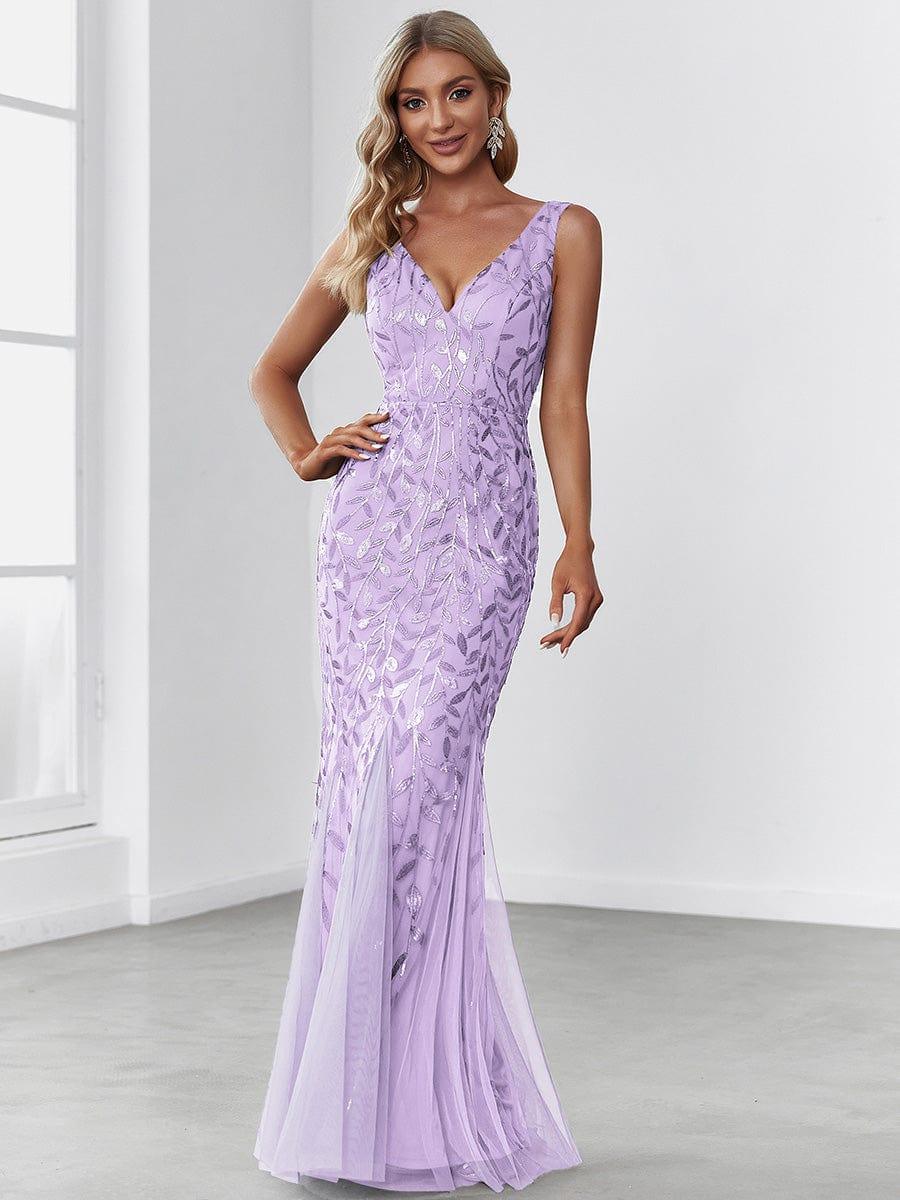 Women's Double V-Neck Fishtail Seuqin Wedding Guest Dress #color_Lavender