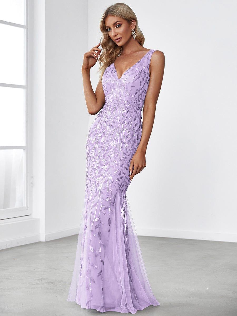 Women's Double V-Neck Fishtail Seuqin Wedding Guest Dress #color_Lavender