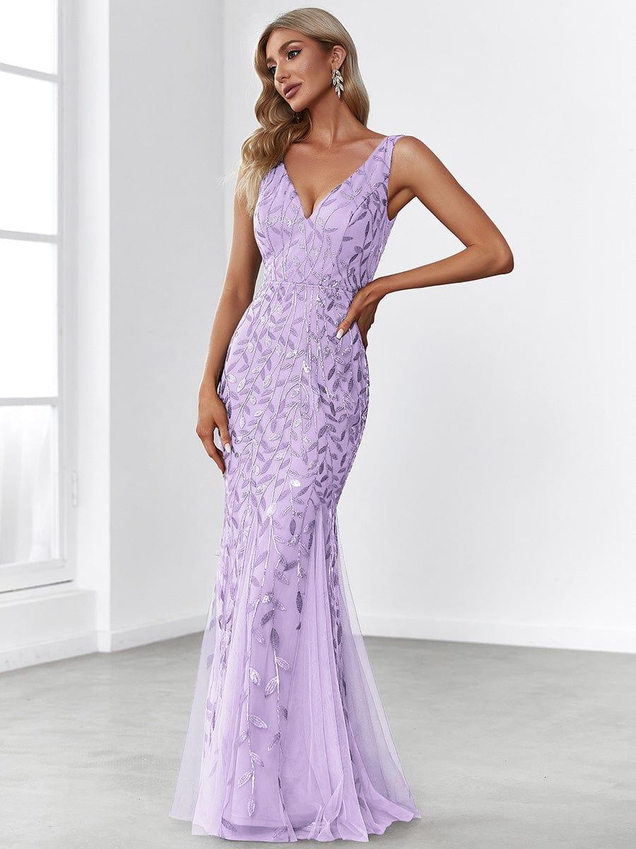 Women's Double V-Neck Fishtail Seuqin Wedding Guest Dress #color_Lavender