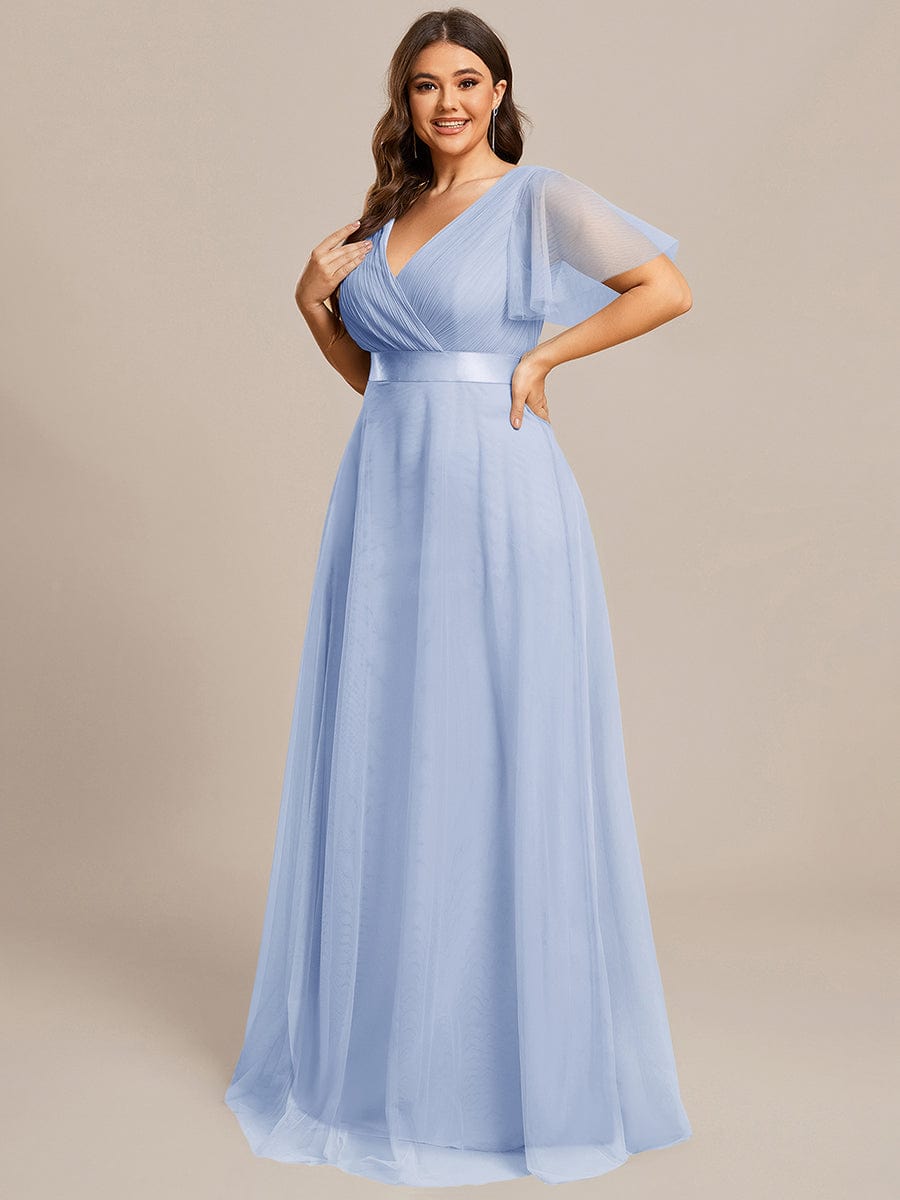 Double V-Neck Tulle Floor-Length Bridesmaid Dress #color_Ice Blue