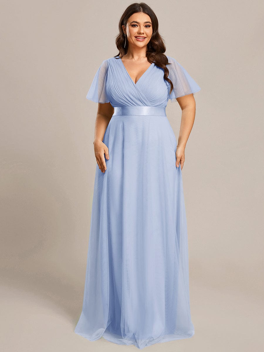Double V-Neck Tulle Floor-Length Bridesmaid Dress #color_Ice Blue