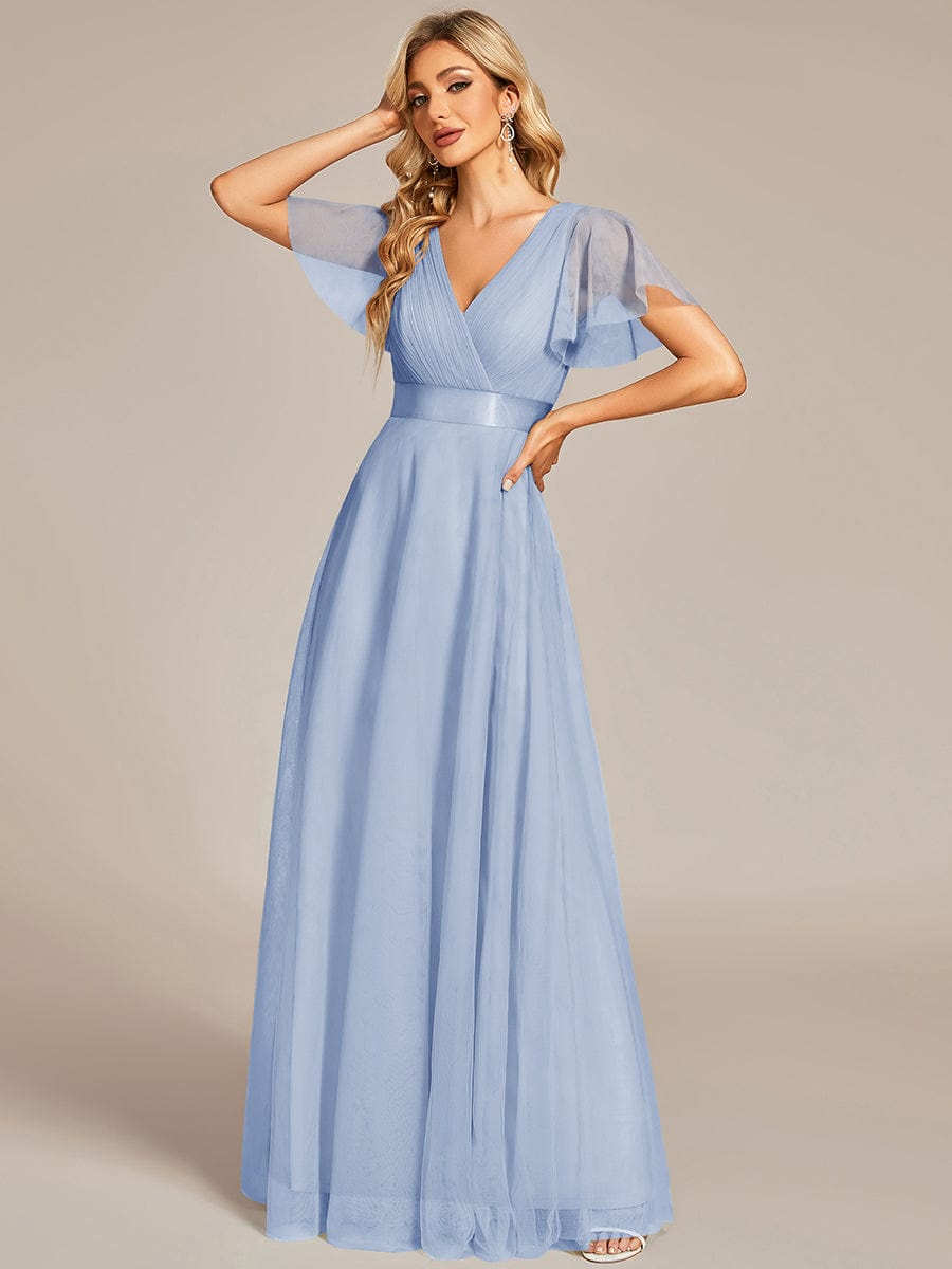 Double V-Neck Tulle Floor-Length Bridesmaid Dress #color_Ice Blue