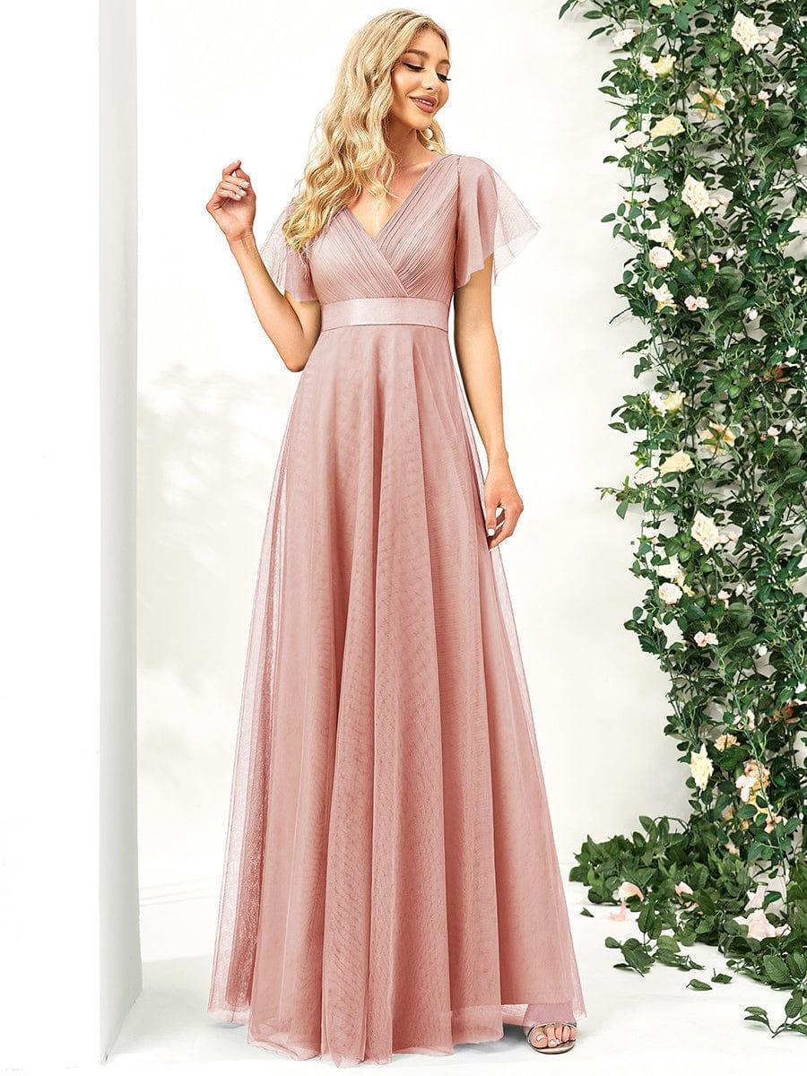 Double V-Neck Tulle Floor-Length Bridesmaid Dress #color_Pink