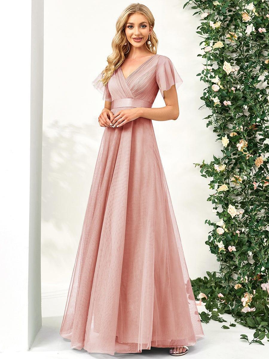 Double V-Neck Tulle Floor-Length Bridesmaid Dress #color_Pink
