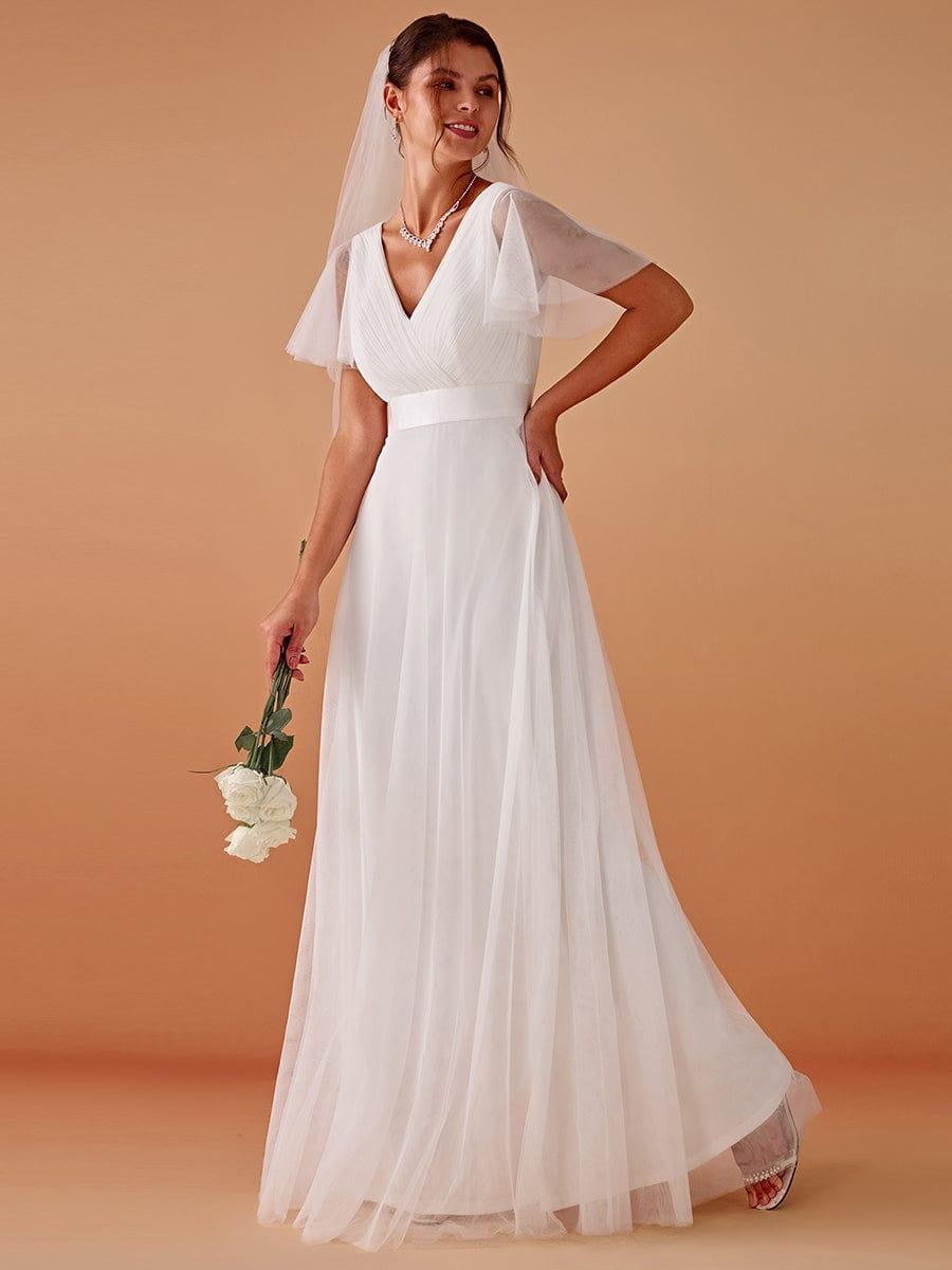 Double V-Neck Tulle Floor-Length Bridesmaid Dress #color_White