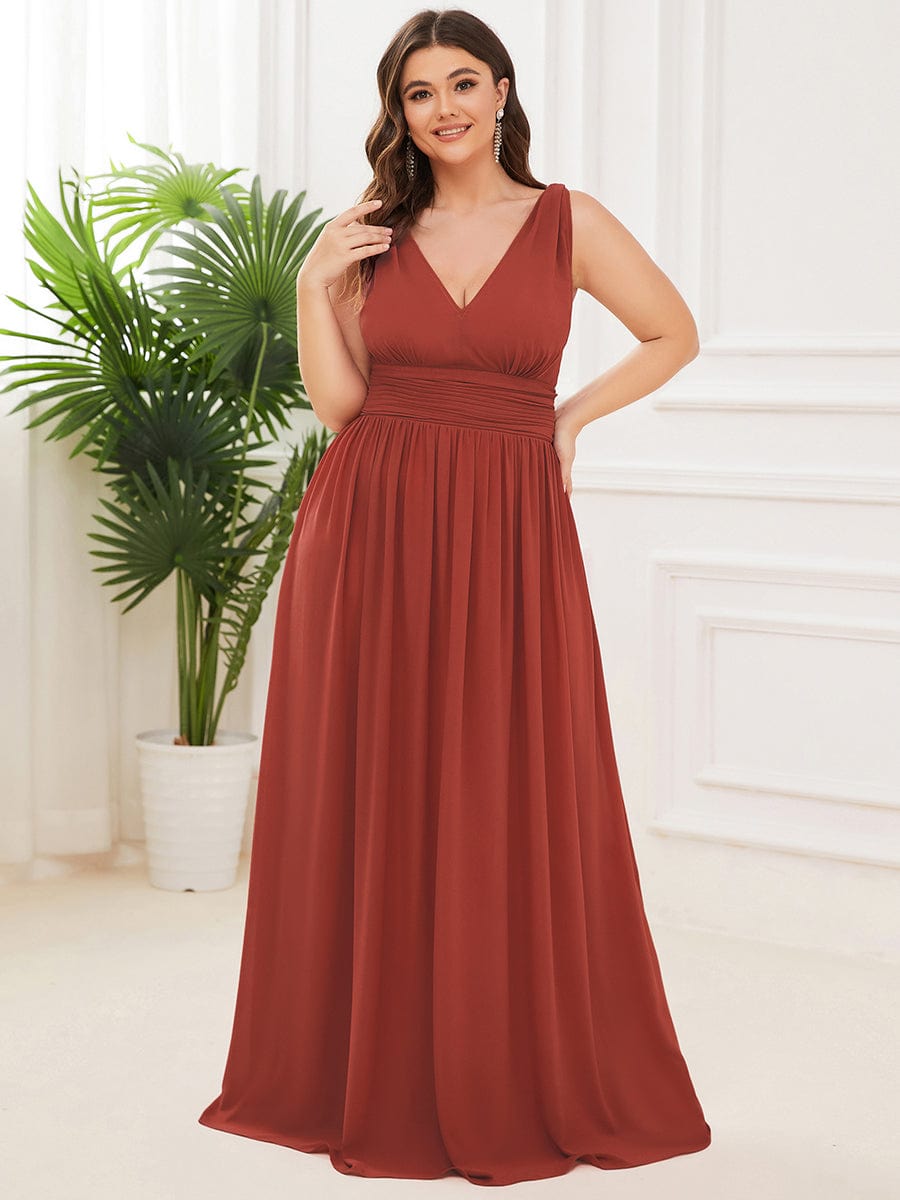 V Neck Sleeveless Pleated Chiffon Maxi Evening Dress #color_Vermilion