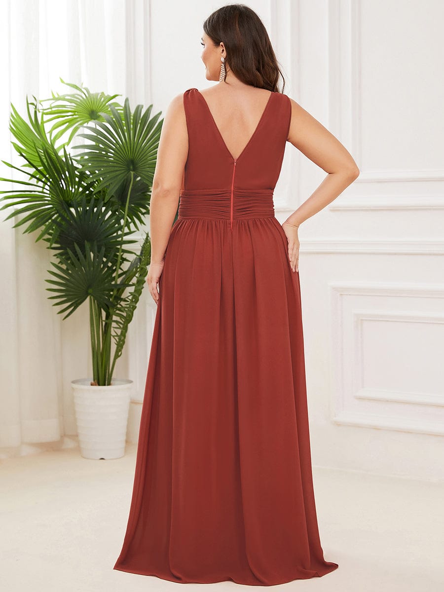 V Neck Sleeveless Pleated Chiffon Maxi Evening Dress #color_Vermilion