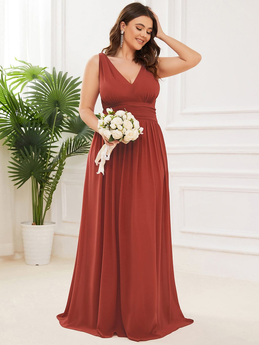 V Neck Sleeveless Pleated Chiffon Maxi Evening Dress #color_Vermilion